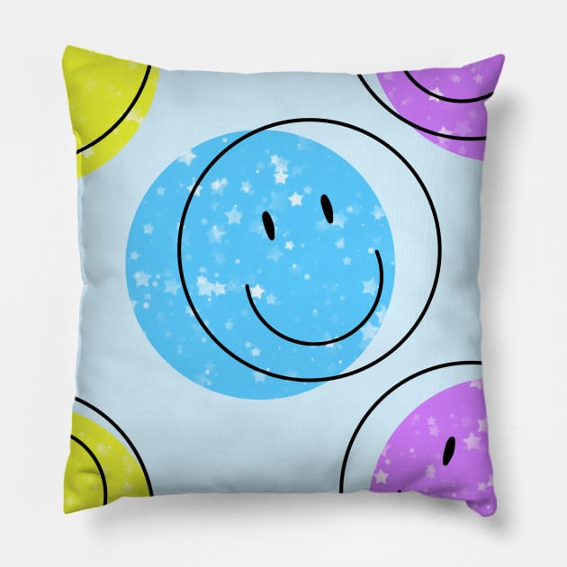 Smiley Face Pattern (Blue Background) Pillow by RoserinArt