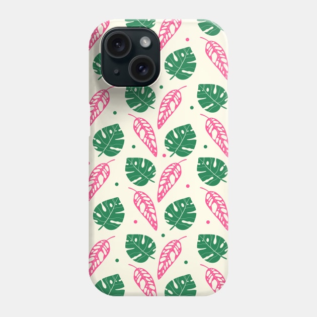 Bold Pink and Green Tropical Leaves Pattern Monstera plant Phone Case by Trippycollage