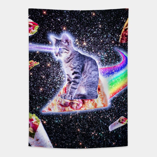 Laser Eyes Space Cat Riding Rainbow Pizza Tapestry by Random Galaxy