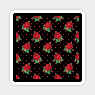 Red vintage roses red polka dots on black Magnet