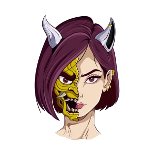 The Oni Masked Beauty 3 - Japanese vector art - T-Shirt