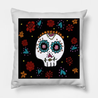 Sugar Skull and Roses black background Pillow