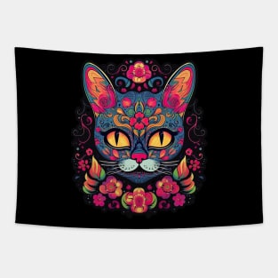 Teal Dreams Sugar Skull Cat Tapestry