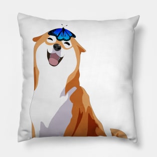 Happy Shiba Inu - Blue Butterfly Pillow