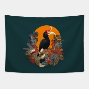 Low polygonal illustration of Rhinoceros Hornbill birds with plants. Tapestry