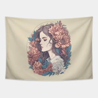 Floral Girl Illustration Tapestry