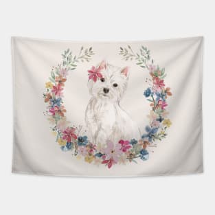 Cute Little Westie with Flower Wreath Tapestry