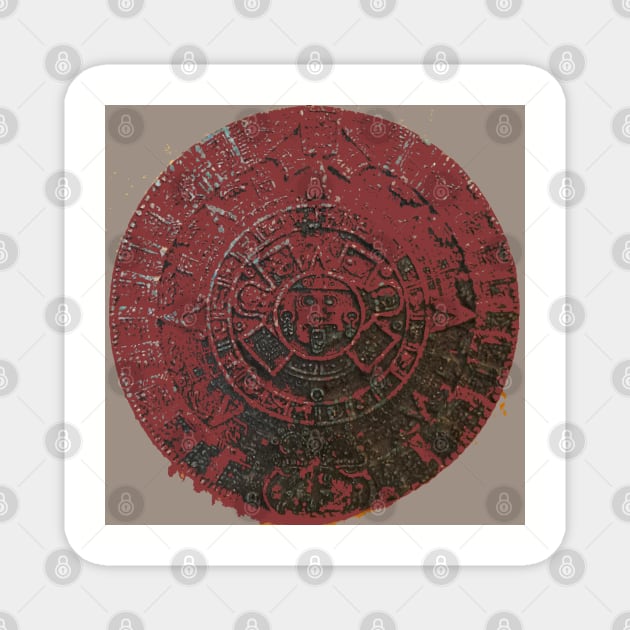 Mayan Calendar / Aztec Sun Stone, in red, from Mexico and Central America Magnet by djrunnels