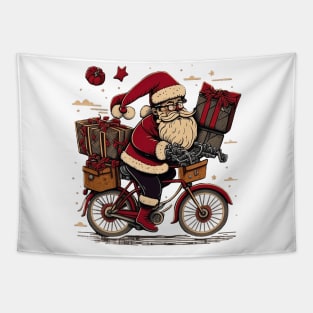 Santa Claus riding a bike with gifts Tapestry