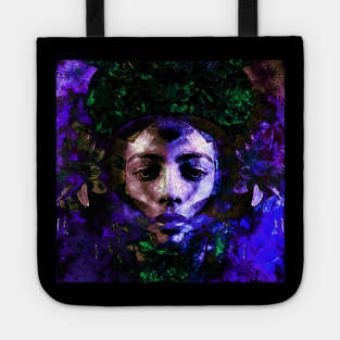 Beautiful girl face, near flowers. Green and violet. Fantasy, sci-fi. Look like robot. Tote