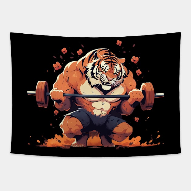 tiger lifting weight Tapestry by piratesnow