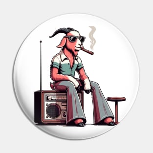 smoking 70s goat sitting on vintage radio Pin