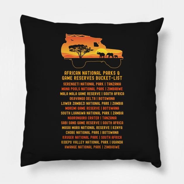 African Safari Vehicle 4x4 | Vintage Sunset | Elephant Family | Acacia Tree Pillow by BraaiNinja