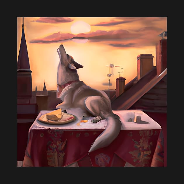 German Shepherd Brown Grey Dog Howling Eating Cake Sunset by druidwolfart