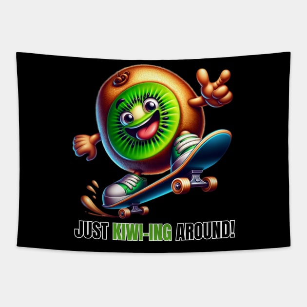 Skateboarding Kiwi - Fruity Thrills Tapestry by vk09design