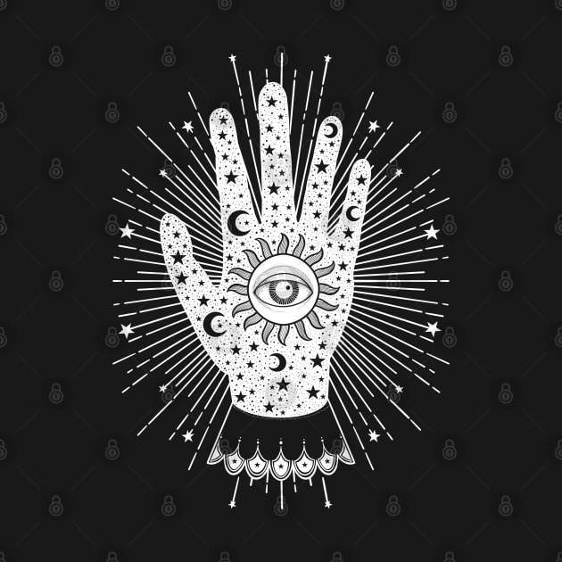 Palmistry Palm with All Seeing Eye, Sun, Moon and Stars in White by The Lunar Resplendence