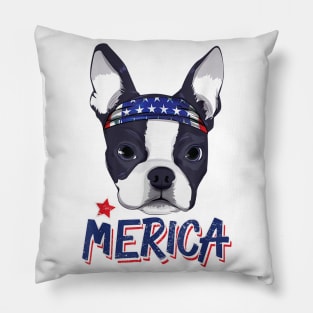 Boston Terrier Merica Bandana USA Flag 4th Of July Pillow