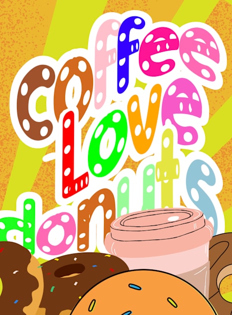 Coffee love donuts, colorful letters with white dots on a background of orange-yellow stripes, for coffee and sweets lovers Kids T-Shirt by PopArtyParty