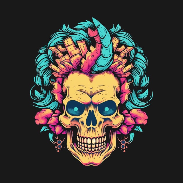 Skull with Flowers and Vaporwave Colors by TOKEBI