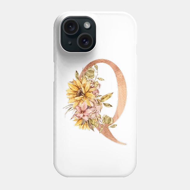 Watercolor sunflower bouquet monogram letter Q Phone Case by tiana geo