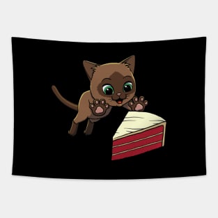 Burmese Cat excited to eat Red Velvet Cake Tapestry