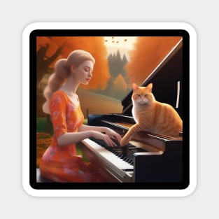 A Female Pianist With An Orange Cat Sitting On The Piano In The English Countryside With An Autumn Mist Magnet