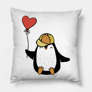 Cute penguin boy in a cap and with a ball. Kids' clothes. Pillow