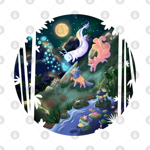 Japanese mythical Creatures at Night by narwhalwall