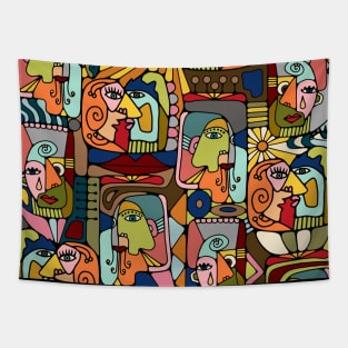 Cubist Picasso Style Faces In Mid Century Modern Colors Tapestry