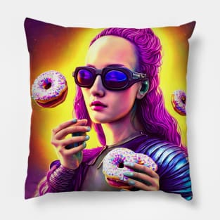 surreal donut goddess with sunglasses and psychedelic pink hair steampunk style Pillow