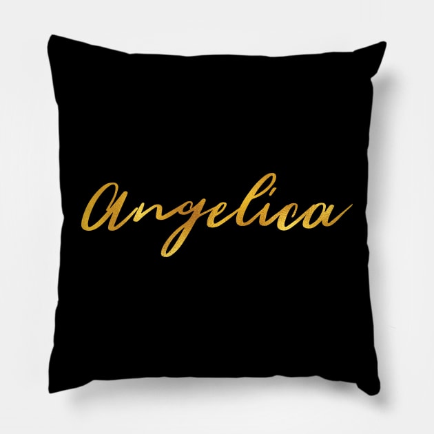 Angelica Name Hand Lettering in Faux Gold Letters Pillow by Pixel On Fire