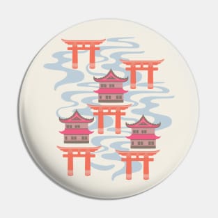 EDO Traditional Japanese Castles and Oriental Japan Torii Gates with Flowing River in Vintage Palette Fuchsia Pink Coral Orange Brown Blue White - UnBlink Studio by Jackie Tahara Pin