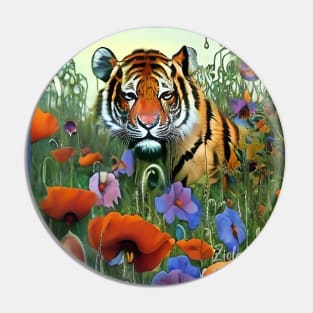 Cool tiger in a field of wildflowers and poppies - Exotic Tiger Pin