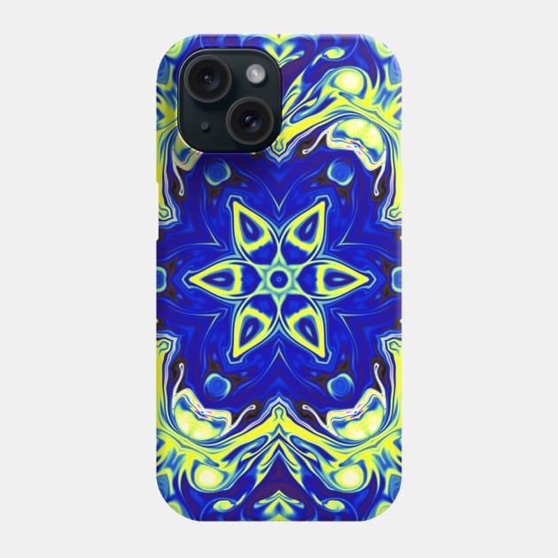 Psychedelic Mandala Flower Blue and Yellow Phone Case by WormholeOrbital