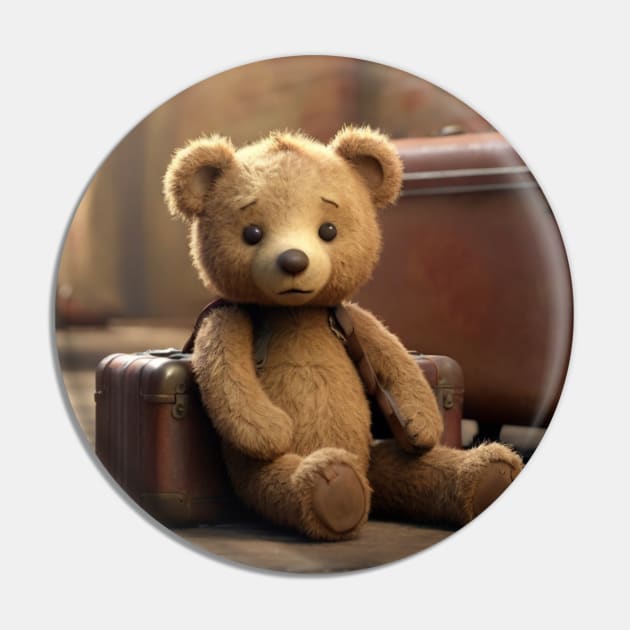 Abandoned Teddy Bear with Suitcase Pin by susiesue