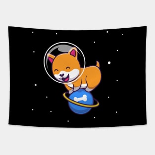 Cute Dog Playing On Planet Cartoon Tapestry