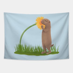 Cute prairie dog sniffing flower cartoon illustration Tapestry