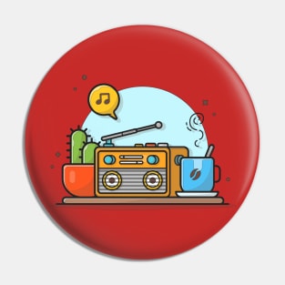 Old Radio with Coffee, Cactus Plant, Note and Tune of Music. Cartoon Vector Icon Illustration Pin