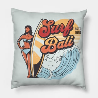 Surf Bali // Vintage Surfer Babe // Retro Surfing Pillow