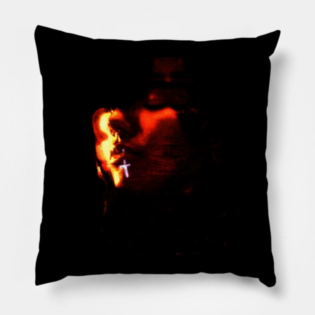 Special processing. Real Jesus was more dark and brutal, but yet so kind guy. Guy with little glowing cross on lip. Orange. Pillow by 234TeeUser234