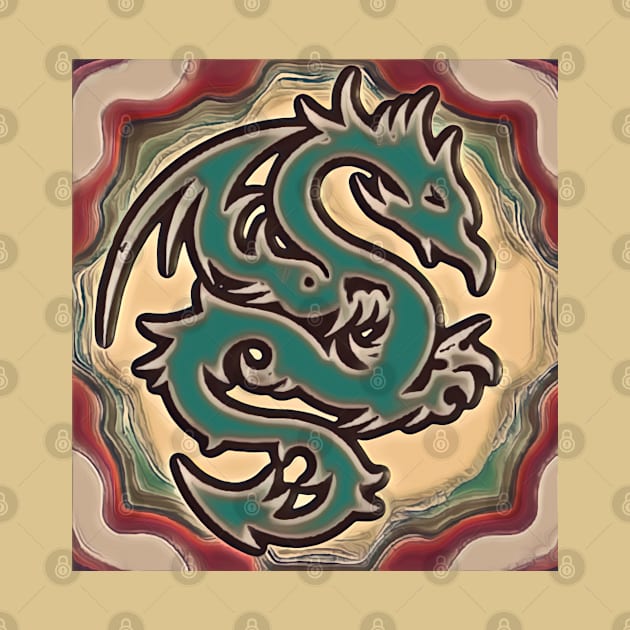 Burgundy, green, and cream abstract print with dragon graphic by BJG Abstract Arts 