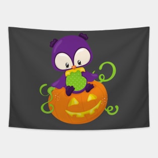 Halloween Owl, Cute Owl, Purple Owl, Pumpkin Tapestry