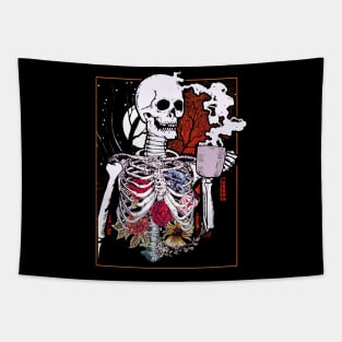 Halloween Coffee Drinking Skeleton Skull Tapestry