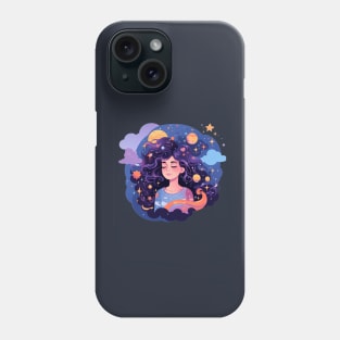 Woman with sweet dreams concept Young girl with galaxy and universe at hairs Phone Case