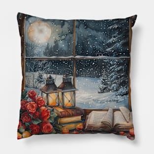 Fantasy winter starry night window Pillow