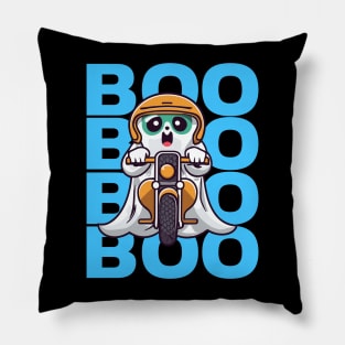 Spooky Ghost Boo riding a motorcycle funny halloween Pillow