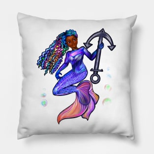 Mermaid and anchor, mermaid with brown eyes, Curly rainbow hair,brown skin - light background Pillow