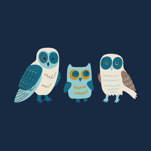 Trio of Owls - Teal, aqua and mustard by Cecca