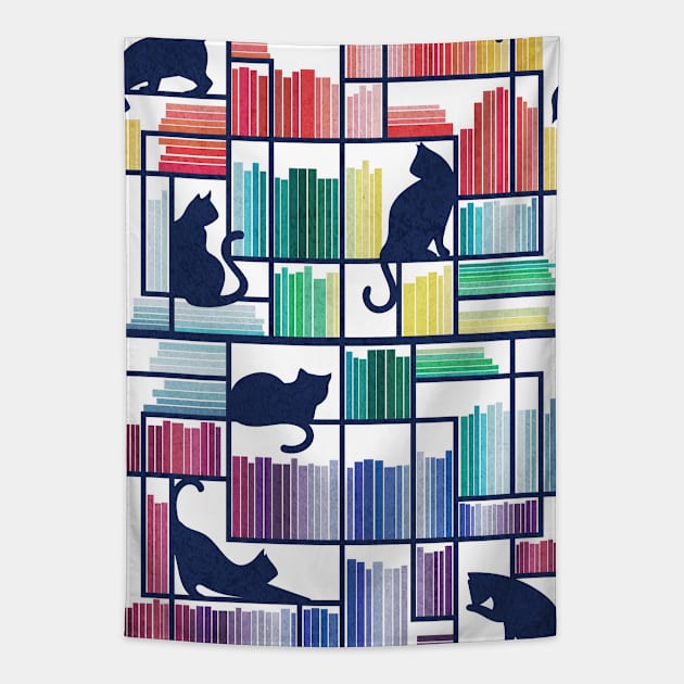 Rainbow bookshelf // white background navy blue shelf and library cats Tapestry by SelmaCardoso