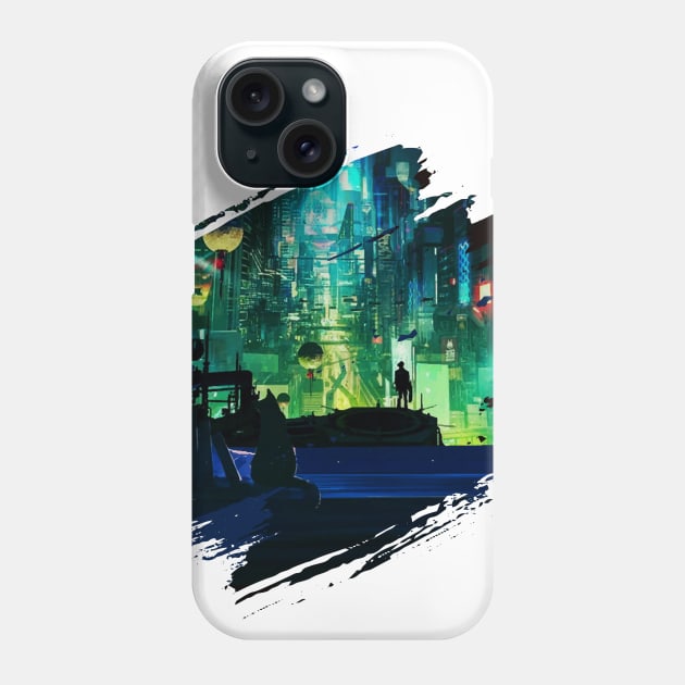 Cyber Night City illustration - cat by the window Phone Case by MK3